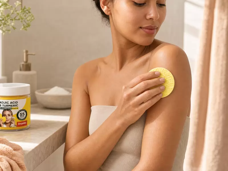 Adult using a yellow cleansing pad on the outer shoulder