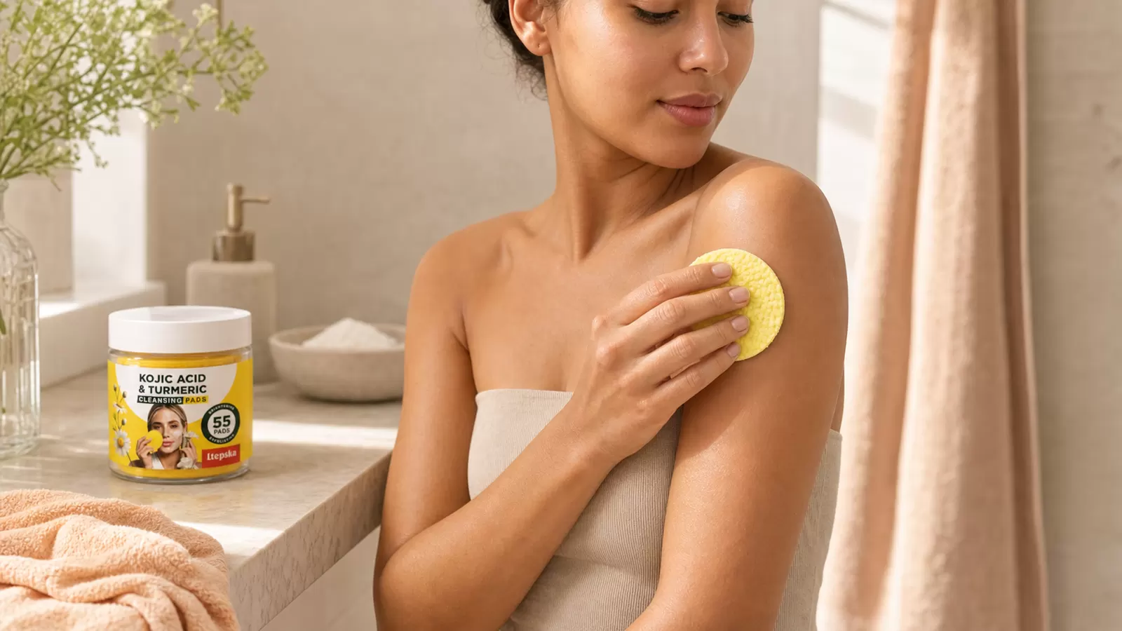 Person using a yellow cleansing pad on the outer arm beside the LTEPSKA jar