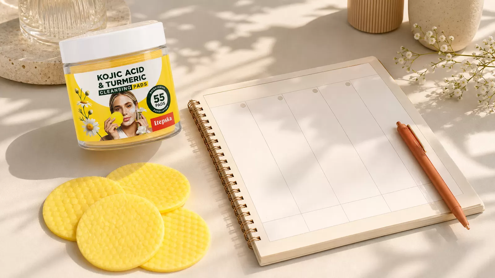 LTEPSKA cleansing pads arranged beside a simple weekly skincare planner