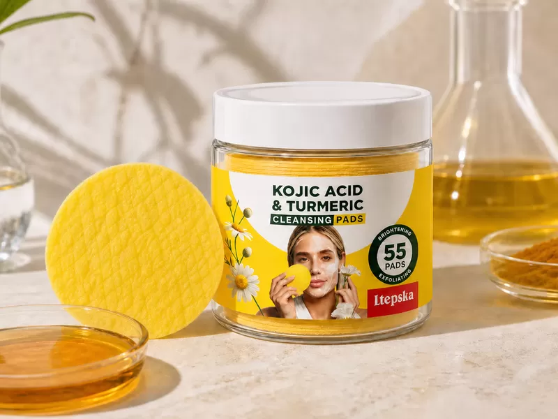 Amber cosmetic texture and a yellow cleansing pad on cream stone