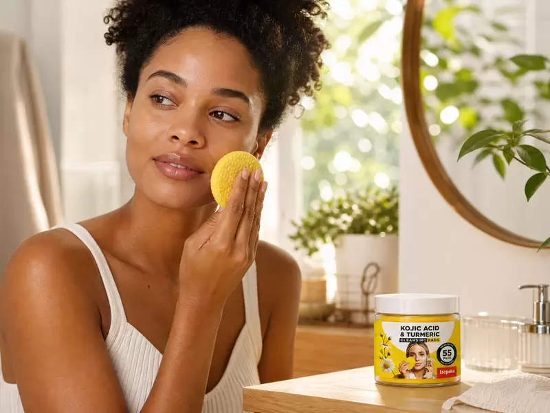 Woman holding a yellow cleansing pad at a bright morning vanity