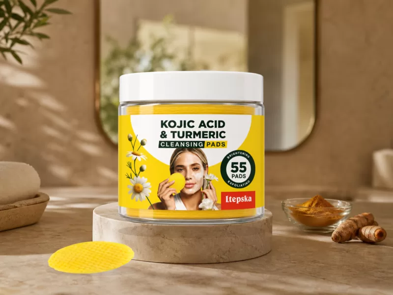 LTEPSKA cleansing pad jar with turmeric in a sunlit bathroom