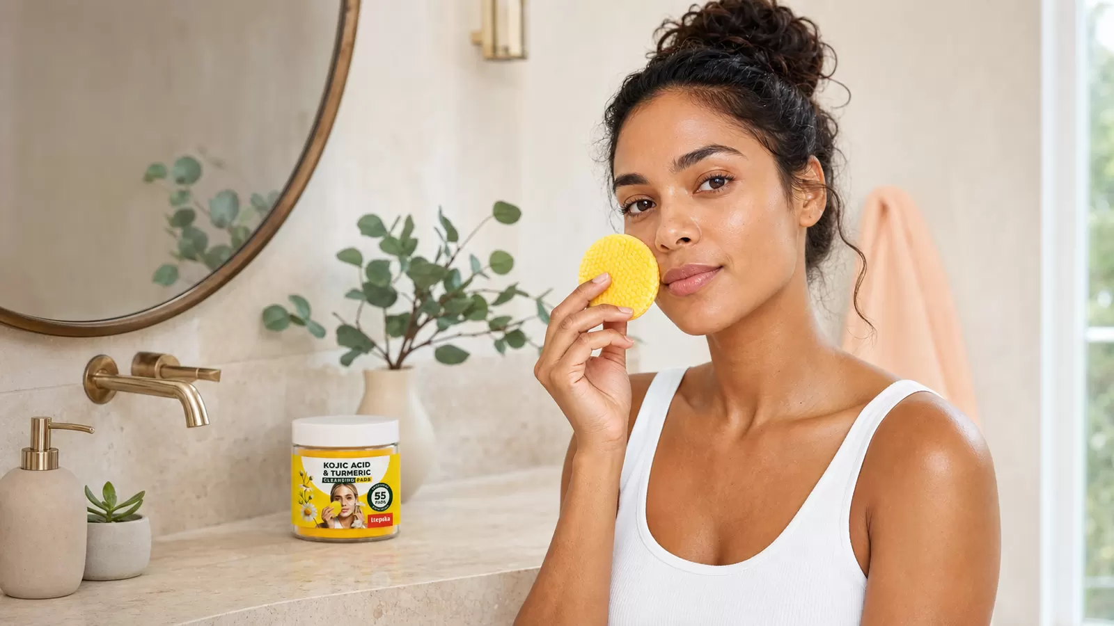Woman holding a yellow skincare cleansing pad beside a warm bathroom vanity