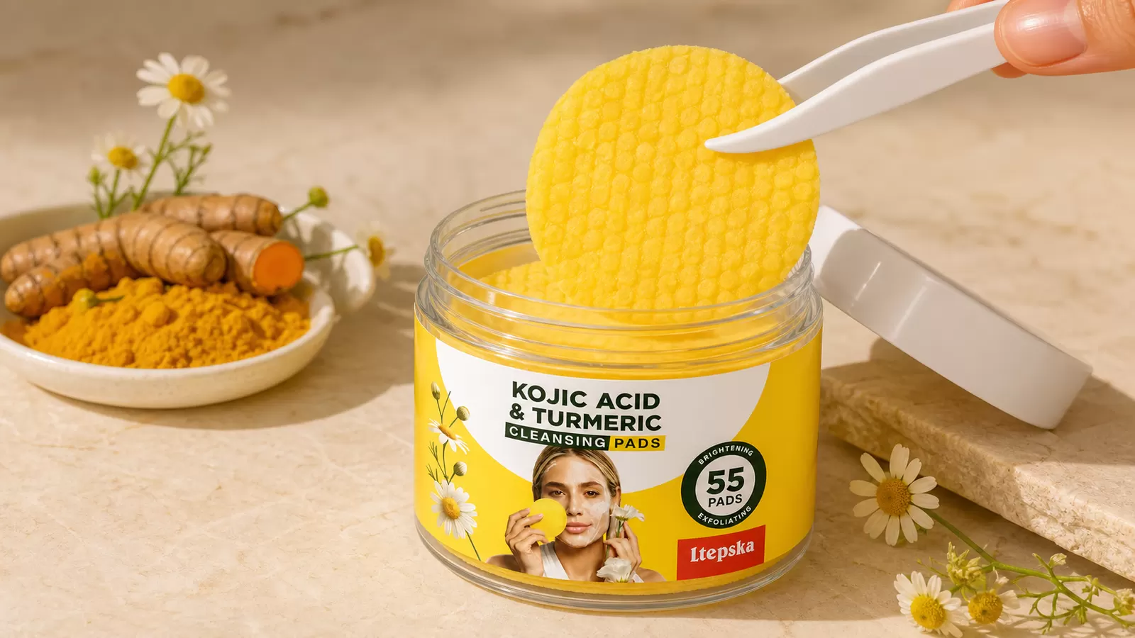 White tweezers lifting a yellow cleansing pad from the LTEPSKA jar